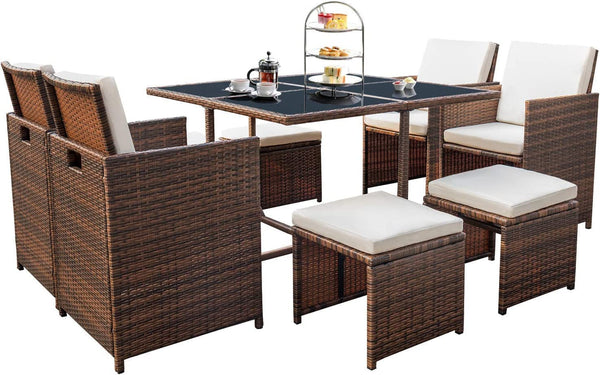 Outdoor Space Saving Rattan Chairs with Glass Table Patio