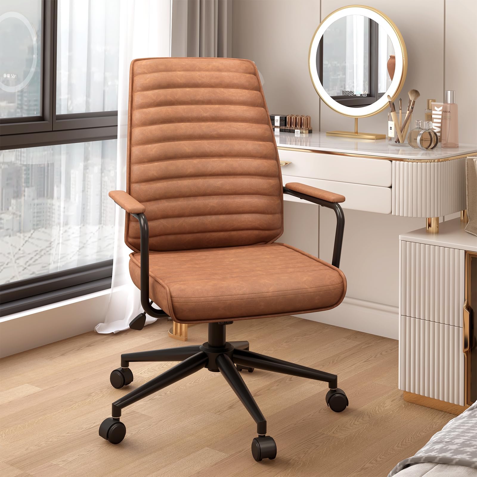 Brown Leather Executive Office Chair - Adjustable Mid-Back Swivel Desk Chair