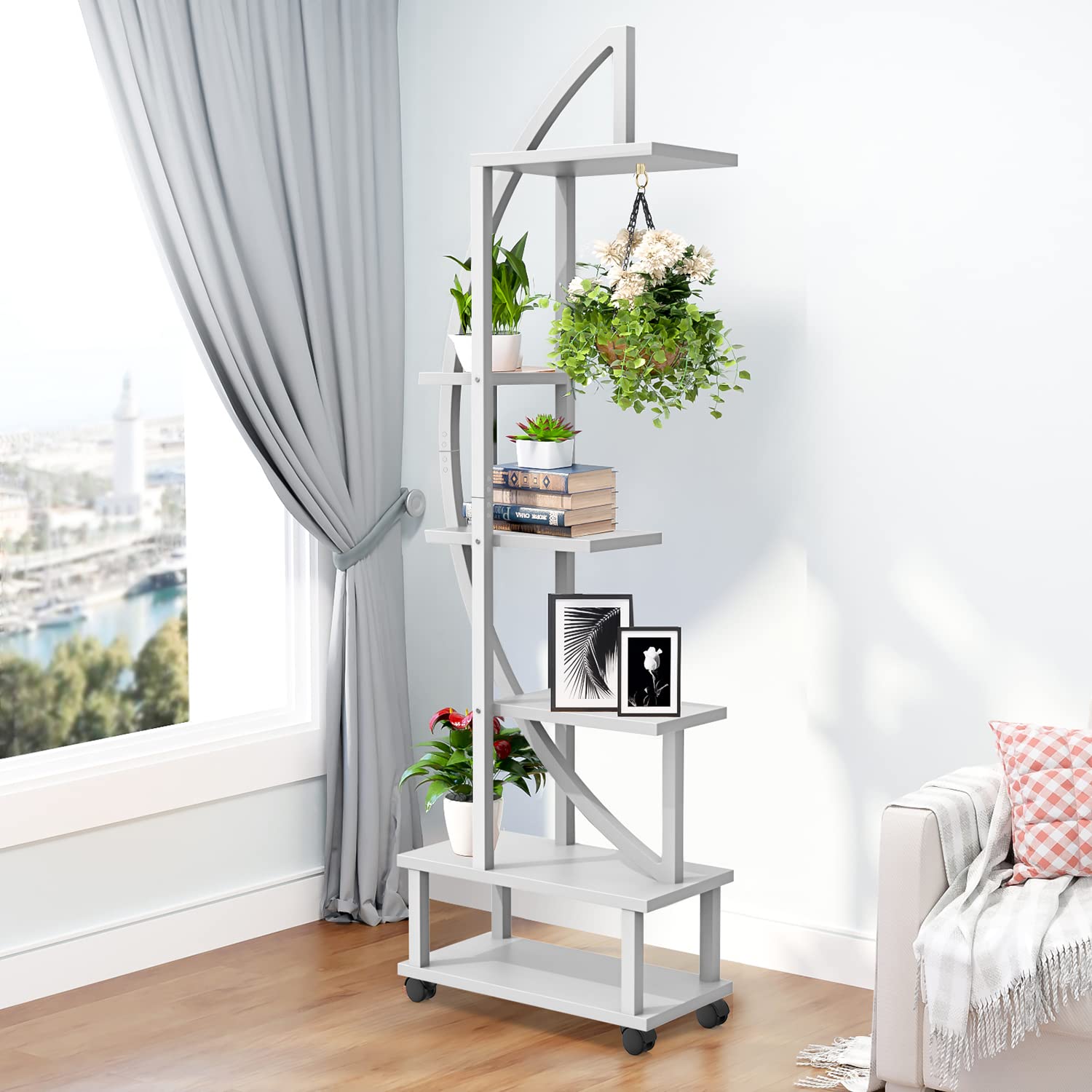 2 Pcs 6 Tier Tall Metal Indoor Plant Stand with Detachable Wheels, Plant Shelf Holder