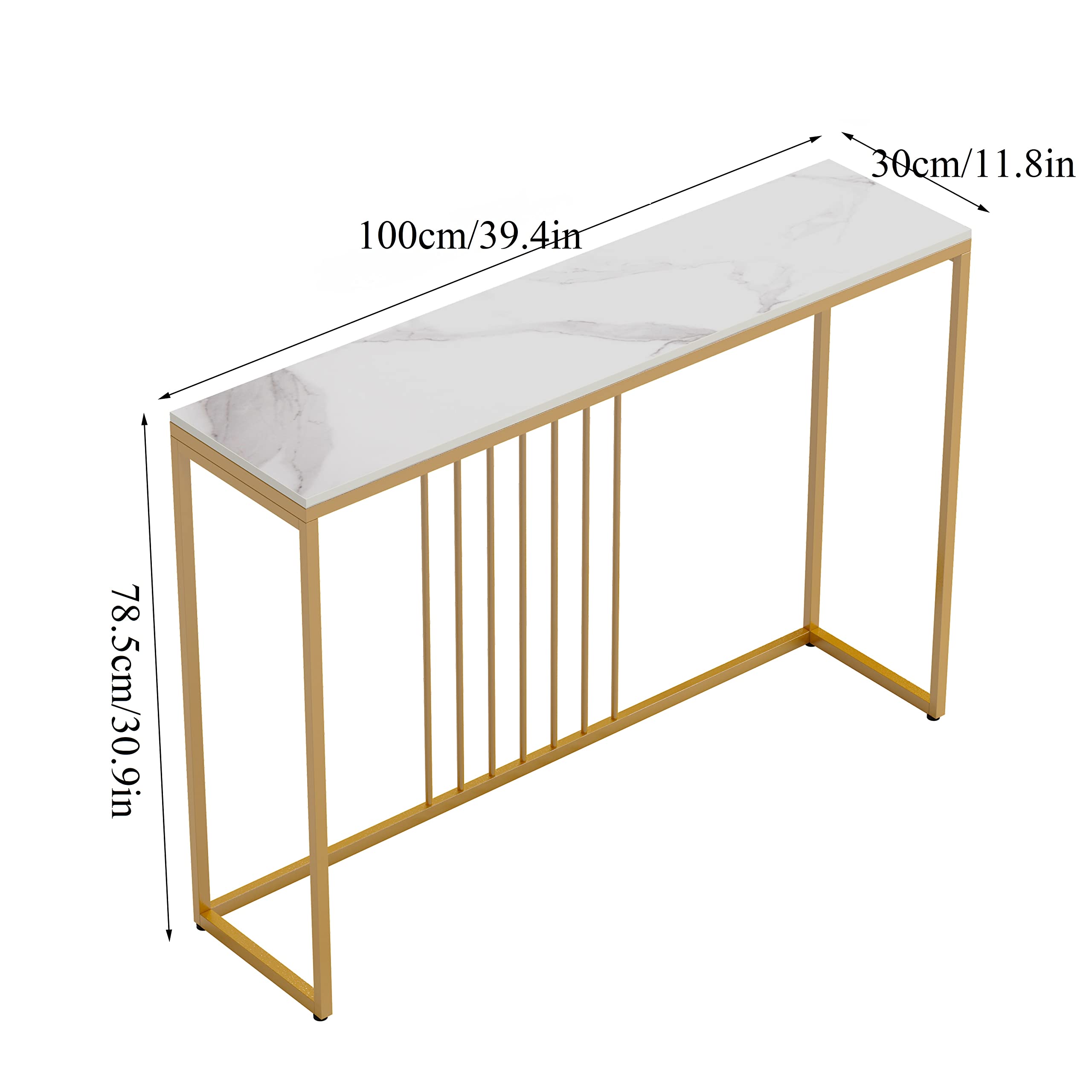 Sintered Stone Console Table: White Entryway Table with Golden Frame - Modern Narrow Table Behind Sofa