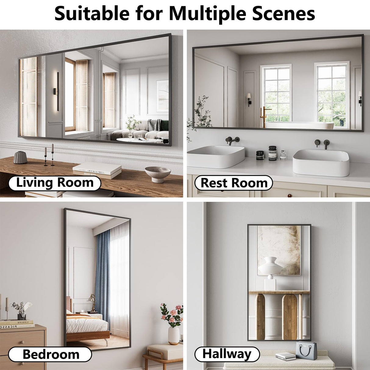 30x55 Matte Black Rectangle Bathroom Mirror