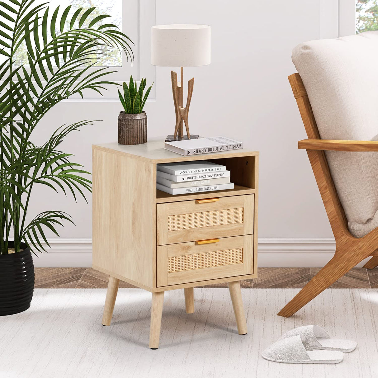 Rattan Nightstands Set of 2 with Wireless Charging Station Modern Bedside Tables with