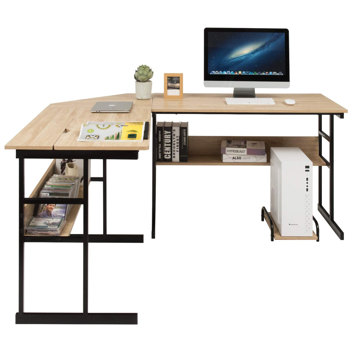 Tangkula 67 Inches L-Shaped Office Desk, Corner Computer Desk with Bottom Bookshelves & CPU Stand, Drafting Drawing Table with Tiltable Desktop, Corner Computer Workstation Home Office Desk