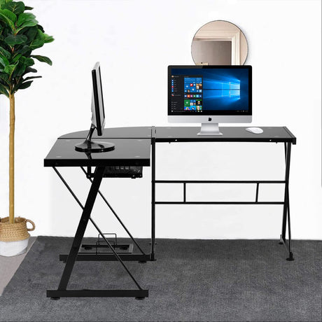 L Shaped Computer Desk,Gaming Desk Home Office Corner Desk Toughened Glass Writing