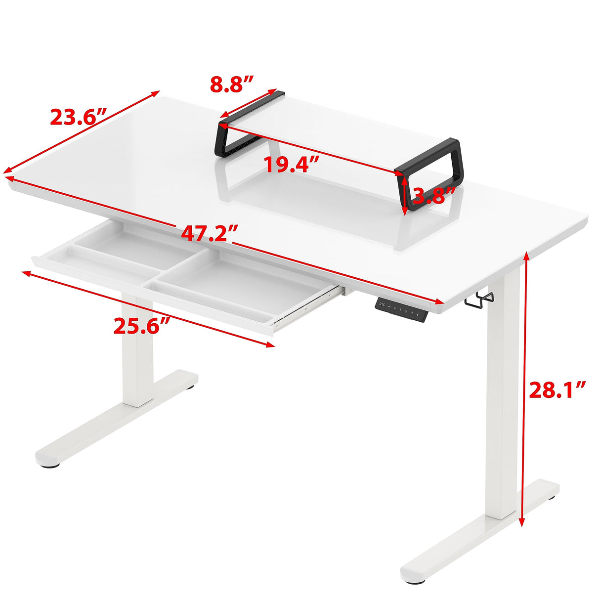 48-Inch Whole-Piece Glass Electric Height Adjustable Desk with Monitor Riser