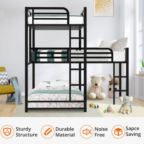 Heavy-Duty Triple Bunk Beds, L-Shaped Metal Bunk Bed for 3 Kids Adults