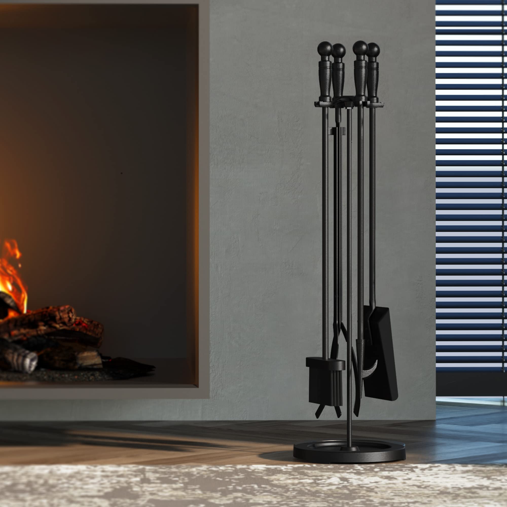 Fireplace Tools Set 5 Pieces Wrought Iron Fire Place Pit Poker Holder 31" H (Black)