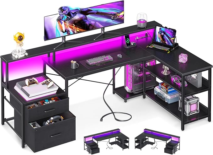 L Shaped Standing Desk with LED Light and Power Outlet, Dual Motor Height Adjustable