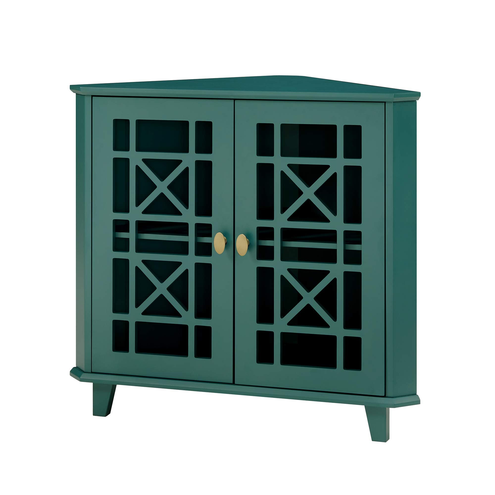 Edison Ronne 32 Inch 2 Door Corner Accent Table with Fretwork Detail - Dark Teal