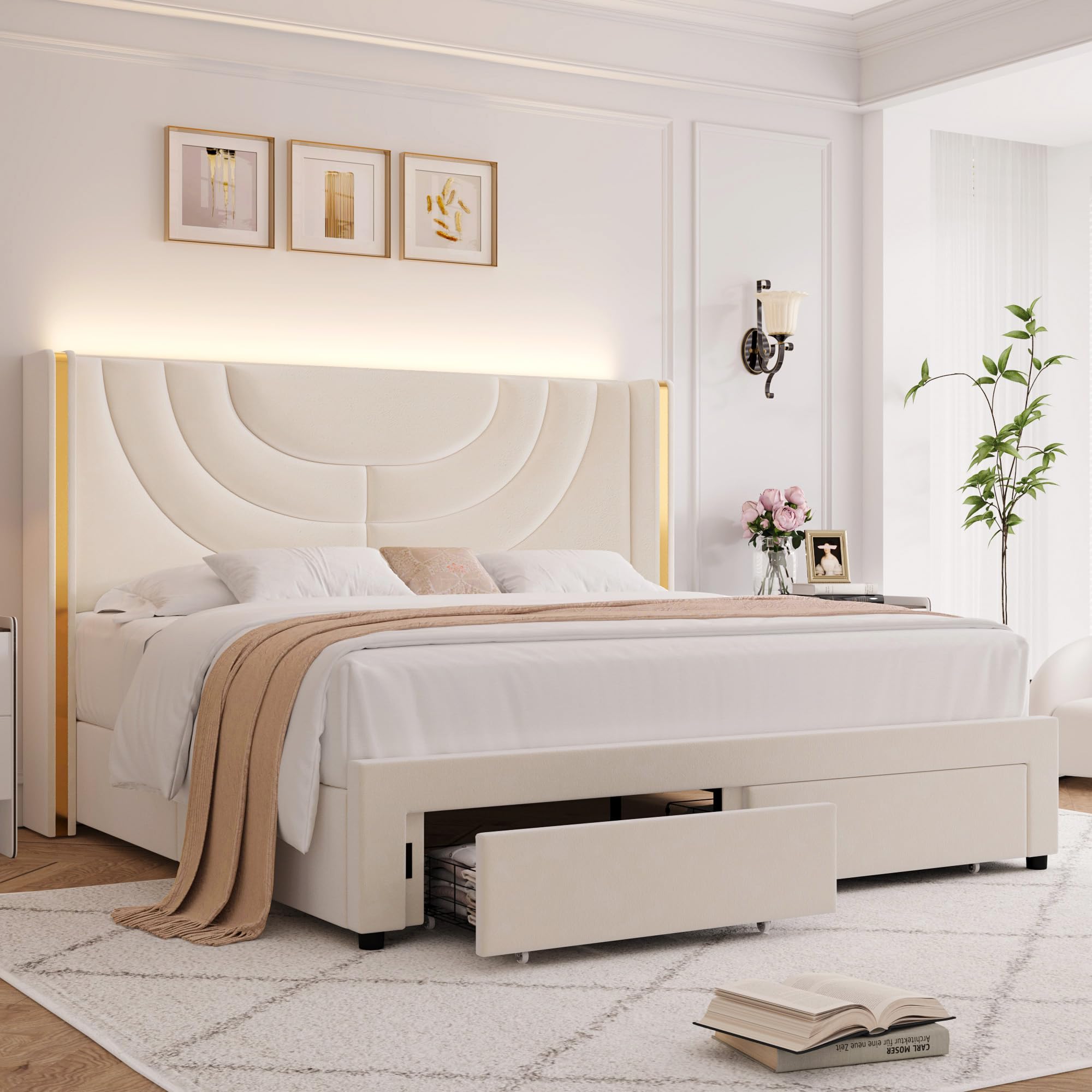 Queen Upholstered LED Bed Frame with 2 Storage Drawers