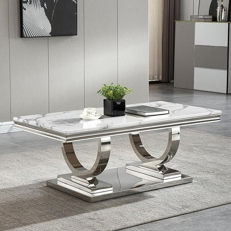 47 inch White Marble Coffee Table with Mirrored Stainless Steel Metal Legs