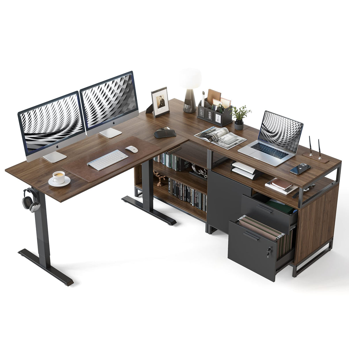 66 Inch Executive L Shaped Standing Desk with 2-Drawer File Cabinet