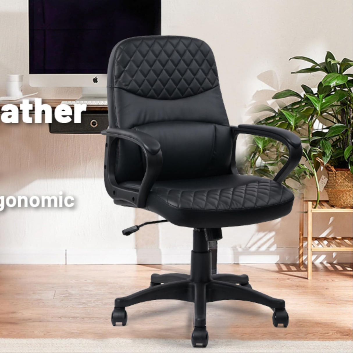 Office Chair - Mid Back Leather Computer Desk Chair with Wheels