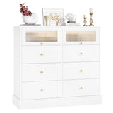 White Dresser, 8 Drawer Dresser with 2 Glass Doors, White and Gold Dresser Chest