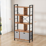 Tall Bookshelf with Drawers - 5 Tier Bookcase Modern Book Shelf Display Standing Shelf Units with Storage, Wood and Metal Bookshelves for Living Room, Bedroom, Home Office, Rustic Brown