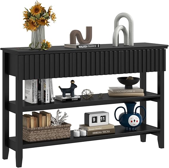 Black Fluted Console Table with 3 Drawers