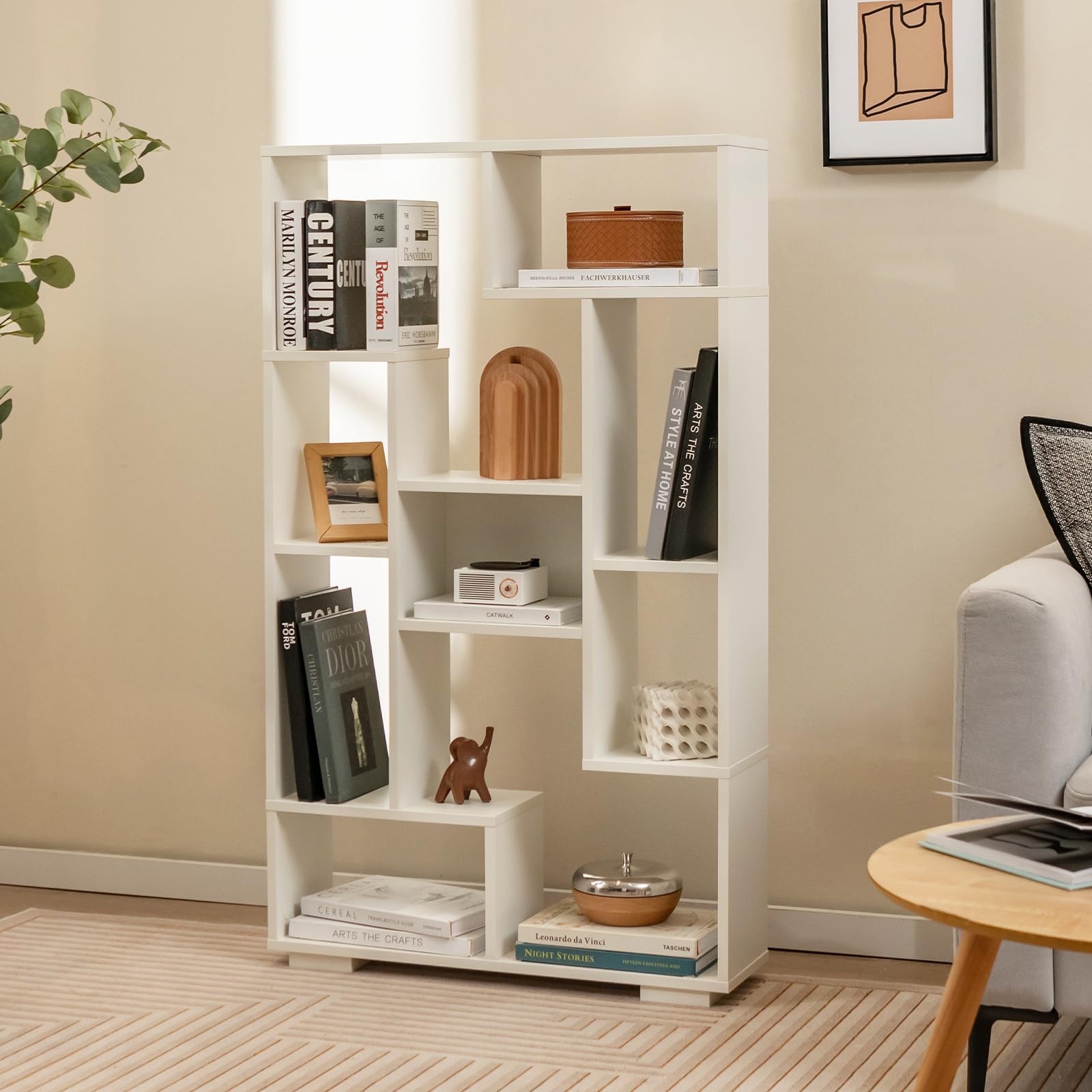 47" Bookshelf Set of 2, Modern Wooden Geometric Bookcase with Open Shelves, Anti-Tipping Kits, Wood Book Case Shelf, Open Cube Storage Organizer Display Rack for Living Room, White