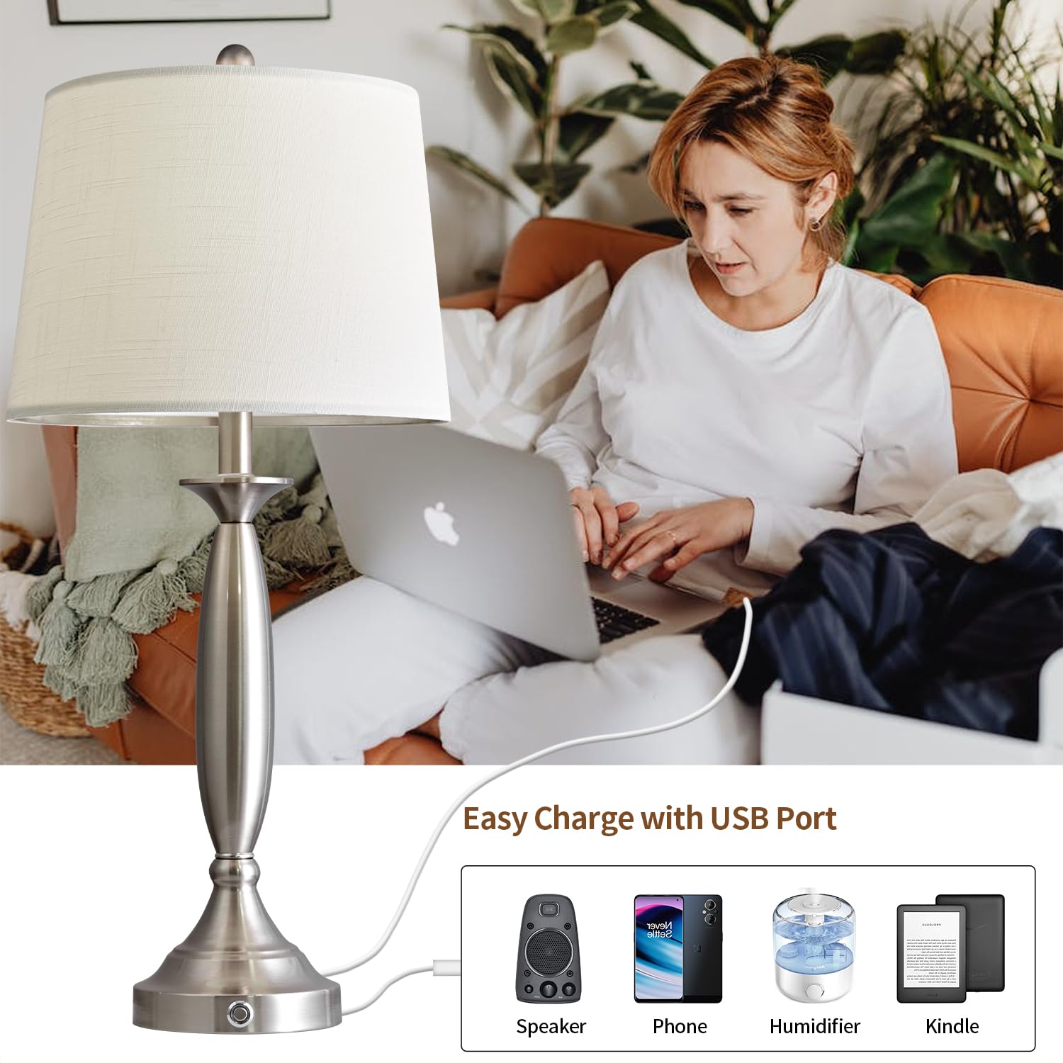 3 Way Dimmable Touch Control USB Table Lamp Set of 2 28“Modern Industrial Metal Bedside