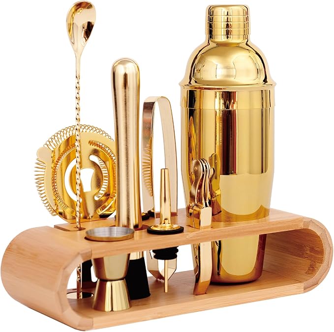 11-Pcs Cocktail Shaker Set Gold,Bartending Kit Stainless Steel Shakers 25oz Bar