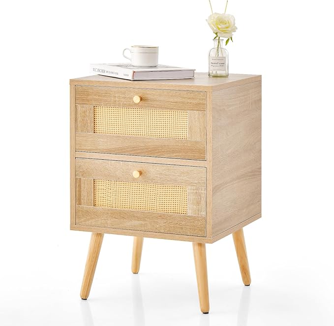 Birch Modern Side Table, Bedside or Night Stand with Drawer, Wood Top, Metal Legs, Ideal for Living Room, Bedroom, and Hallway, Natural/Black