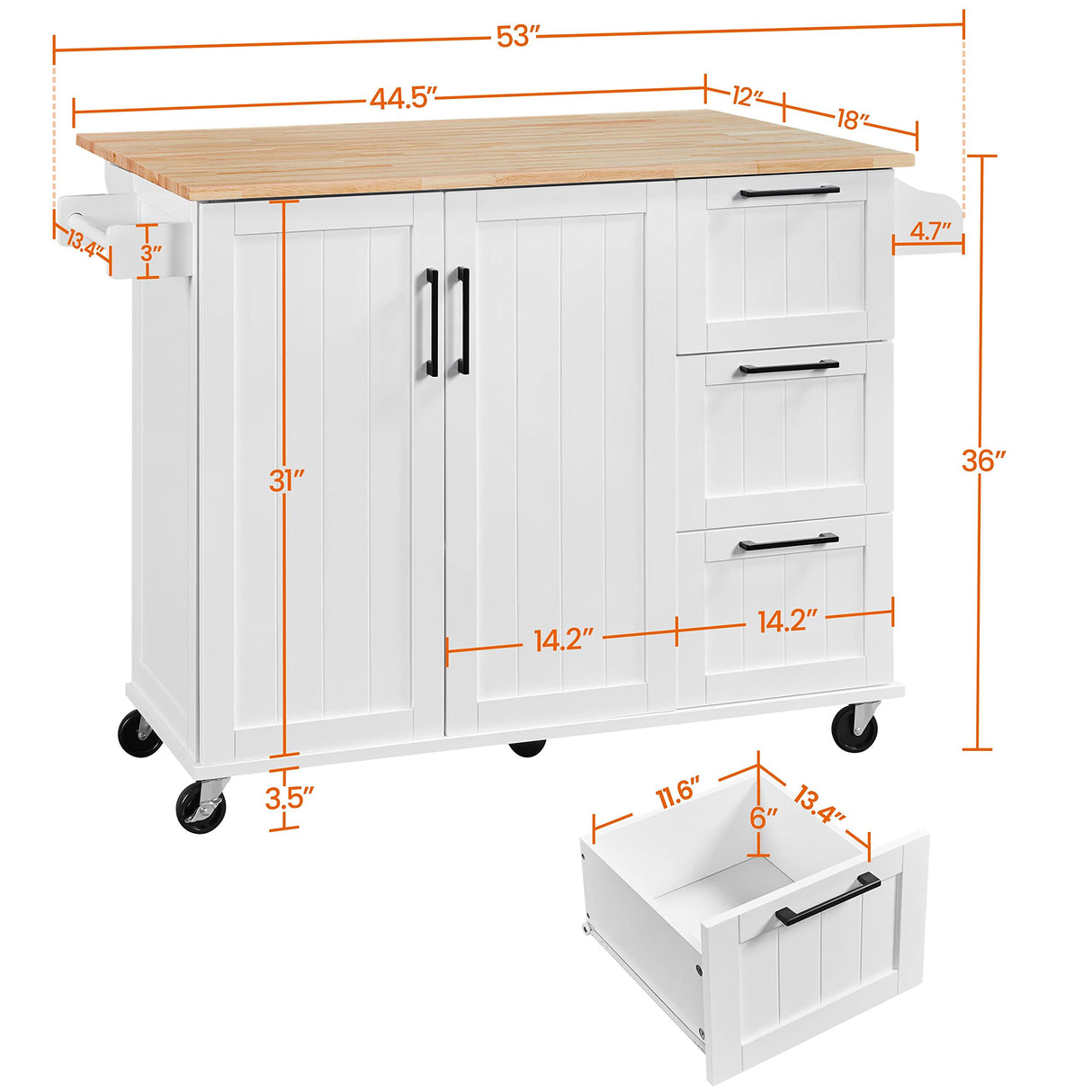 Kitchen Island with Drop-Leaf Breakfast Bar, 53" Width Kitchen Cart