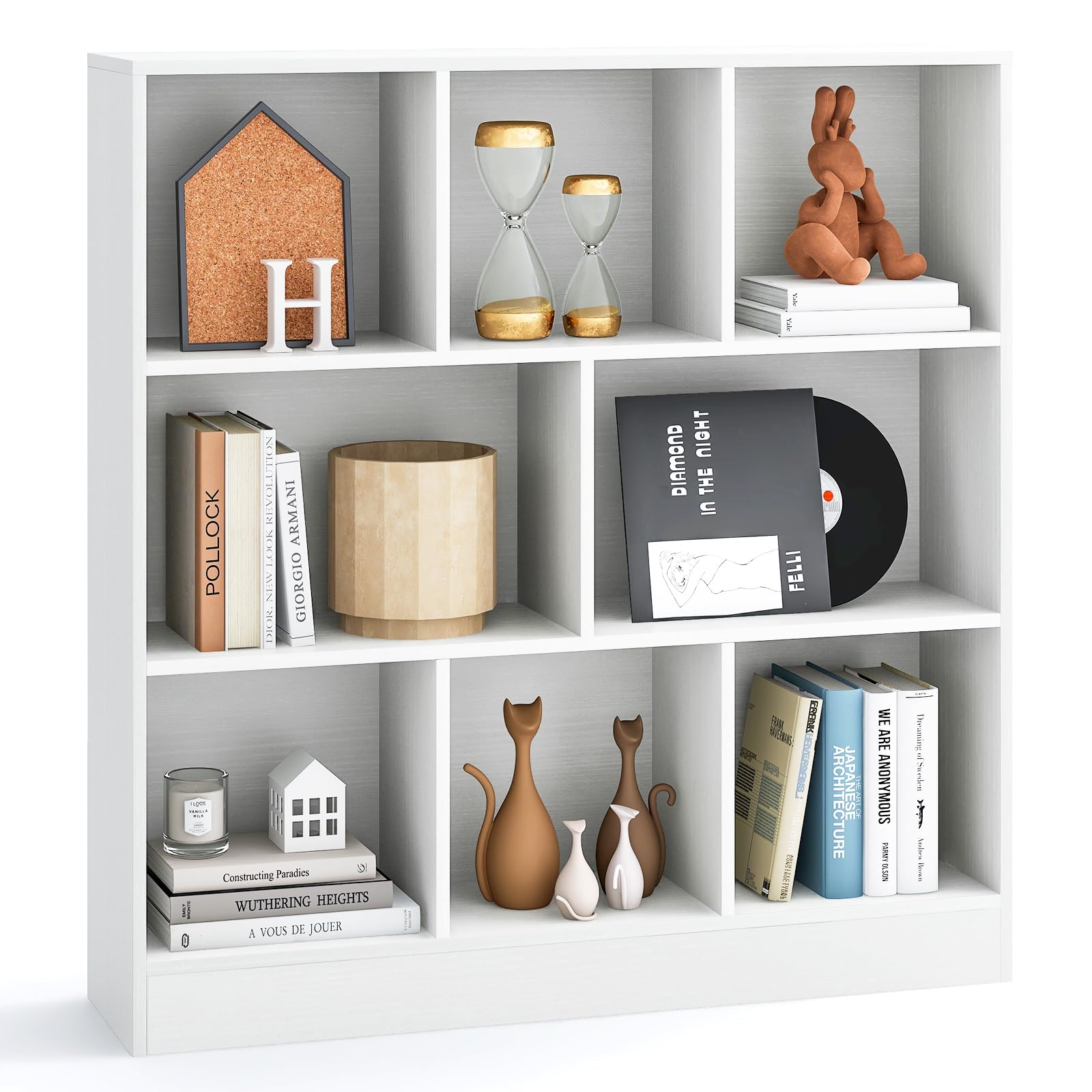 8-Cube Bookshelf, 39.5”L Floor Bookcase with 2 Anti-Tipping Kits, Freestanding Storage Organizer, 4-Tier Display Shelf for Home, Office & Dorms, Natural/White (White, 8-Cube)
