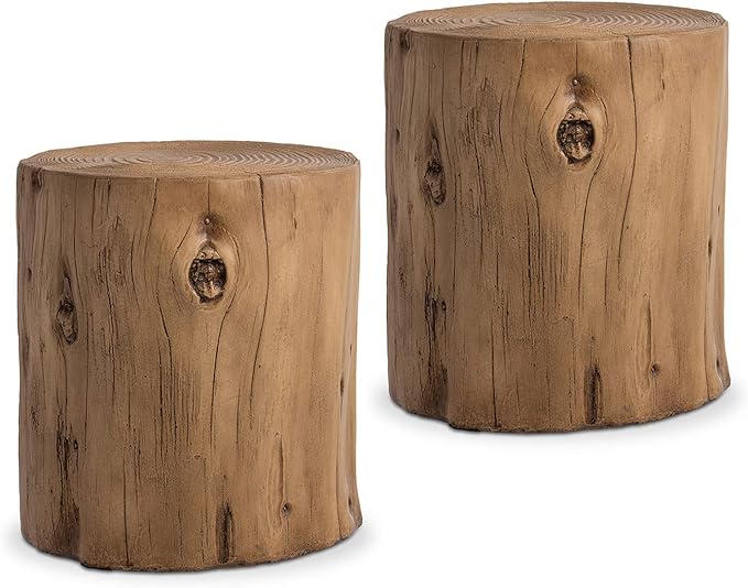2 Pieces Outdoor Antique Beige Side Table Faux Wood, Hand-Painted Wood Stump Stool