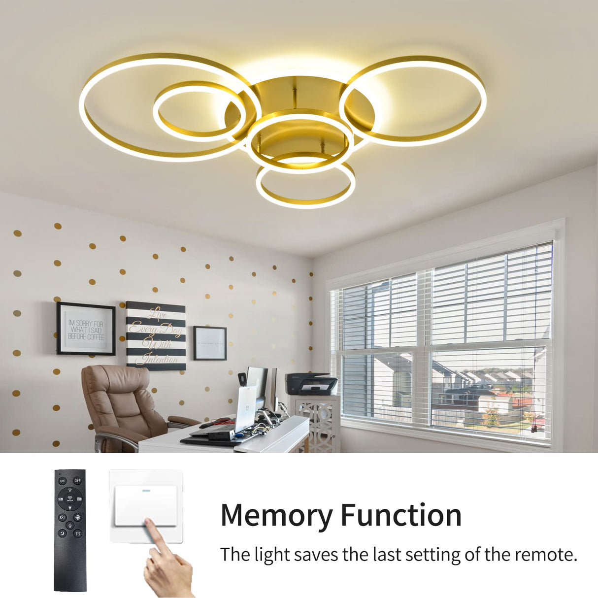 Modern LED Ceiling Light Gold Dimmable 5 Rings Flush Mount Ceiling Light Fixtures