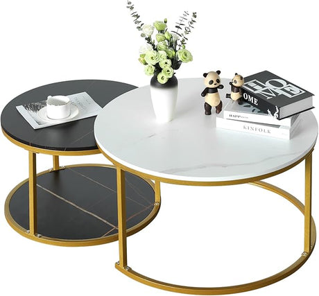 Nesting Round Coffee Table 2 Sets, Marble Look Wood Side Table