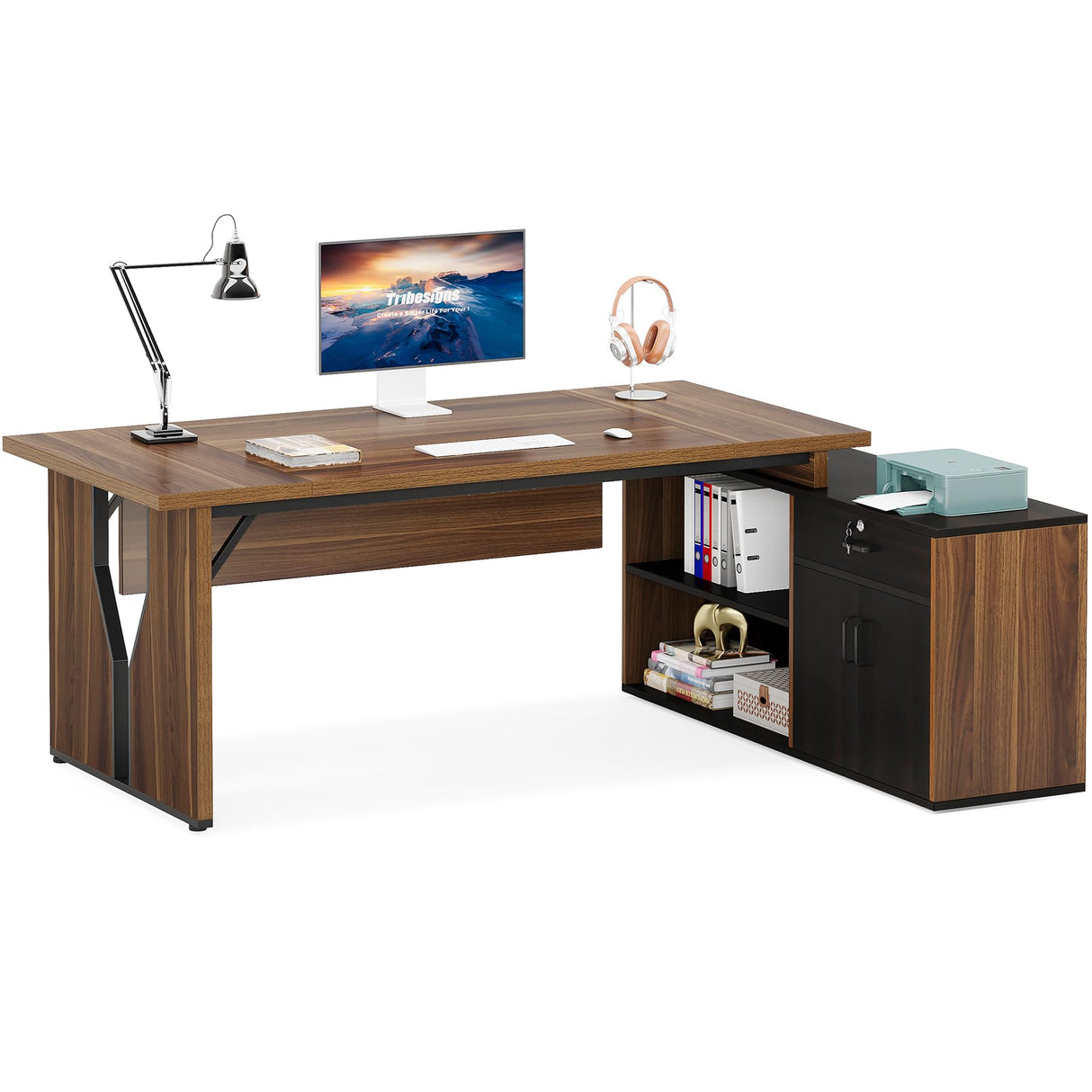 78.74 Inch Executive Desk with Cabinet, L-Shaped Office Desk with Locking