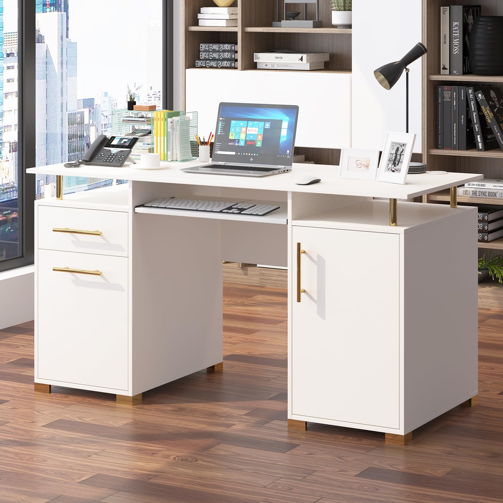 White and Gold Computer Desk with Drawers, 55 Inch White Executive Desk
