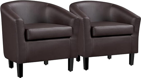 Brown Accent Chairs Set of 2, Faux Leather Barrel Chairs Comfy Club Chairs, Modern