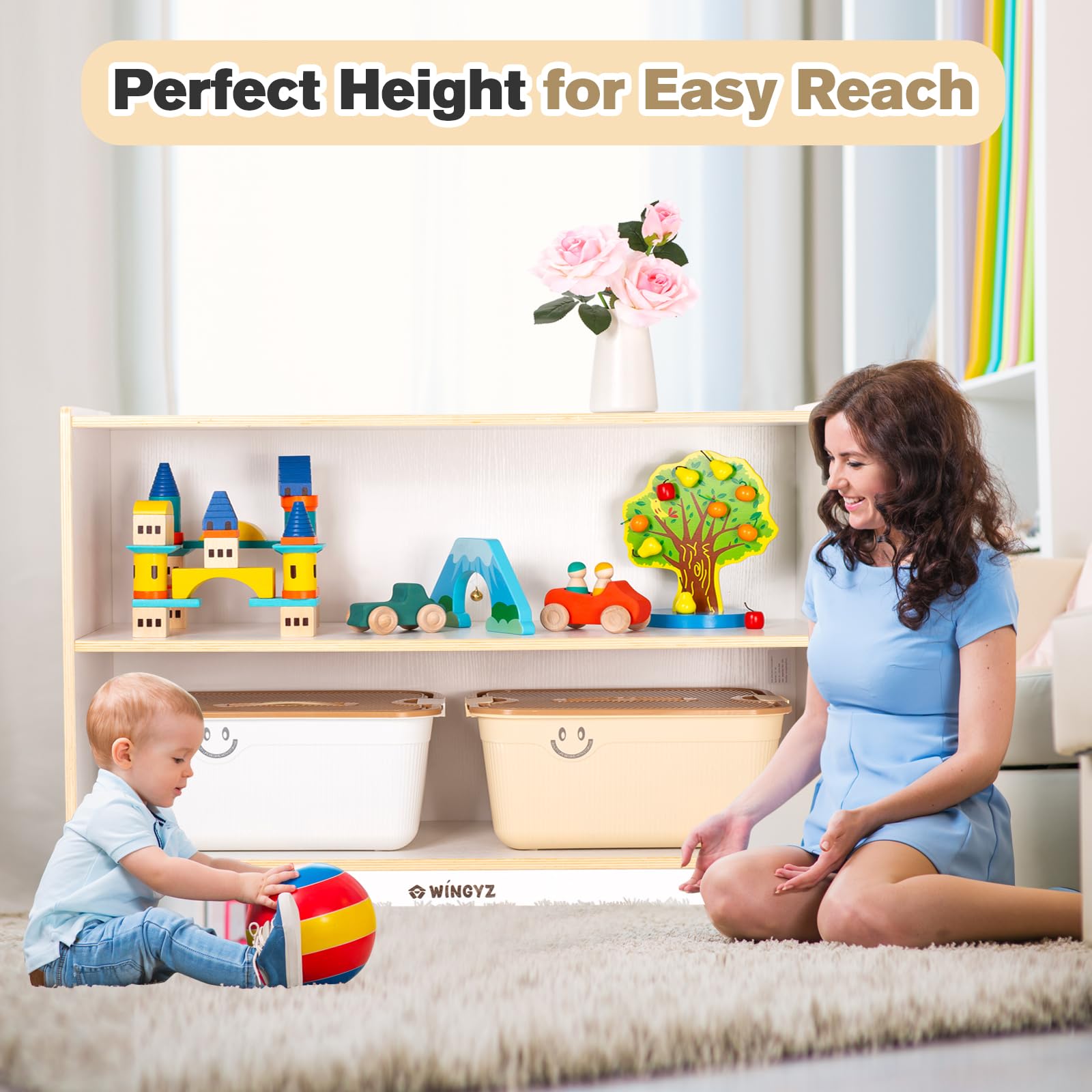 wingyz Kids Toy Storage Organizer, 2-Tier Wooden Storage Cabinet, Spacious Montessori Kids Bookshelf, Toy Shelf Storage Organizer for Playroom Classroom Nursery Study Living Room (White)