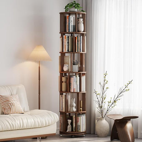 Solid Wood Rotating Bookshelf with Brake Wheels,