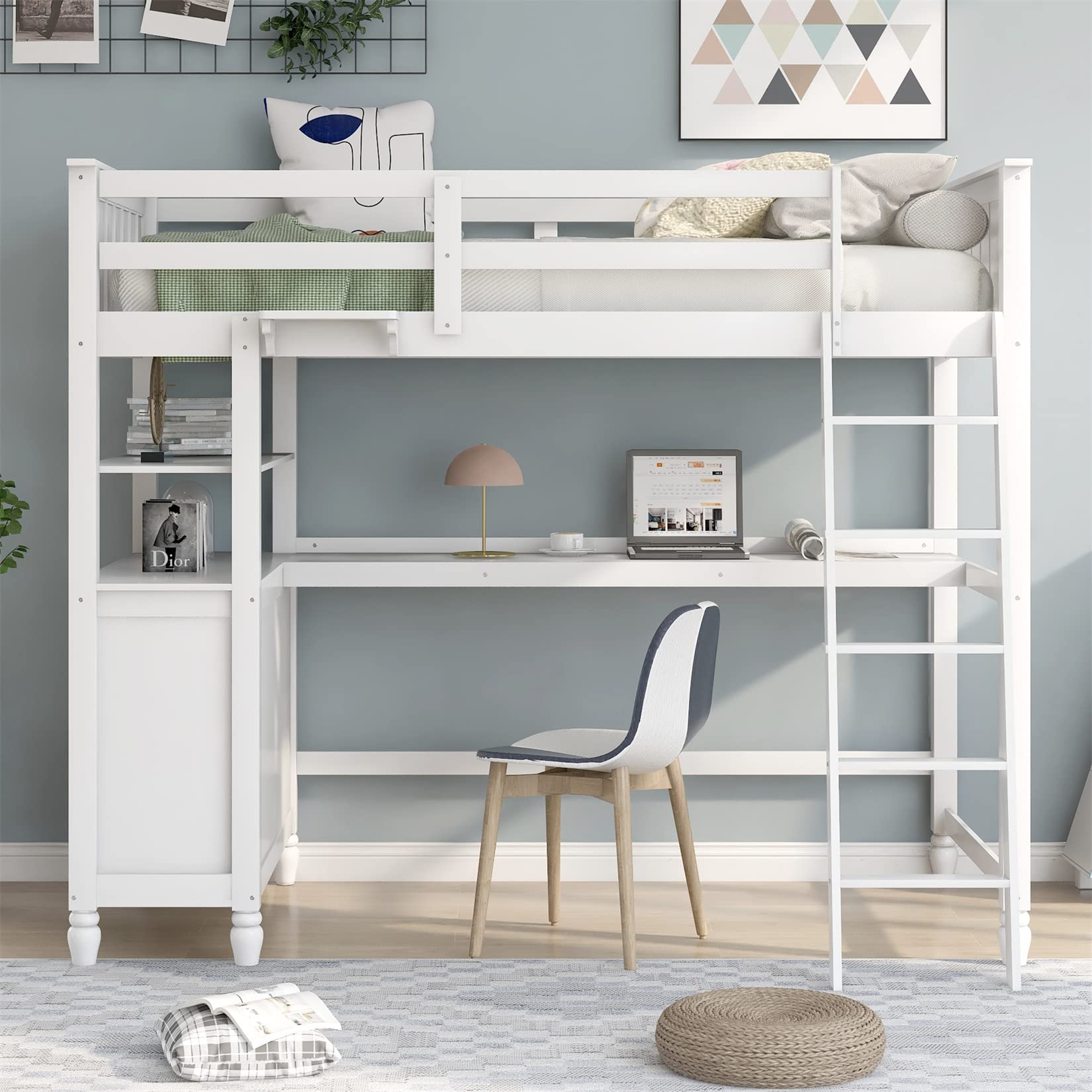 Twin Loft Bed with Desk and Storage Drawers Wood High Loft Beds Frame