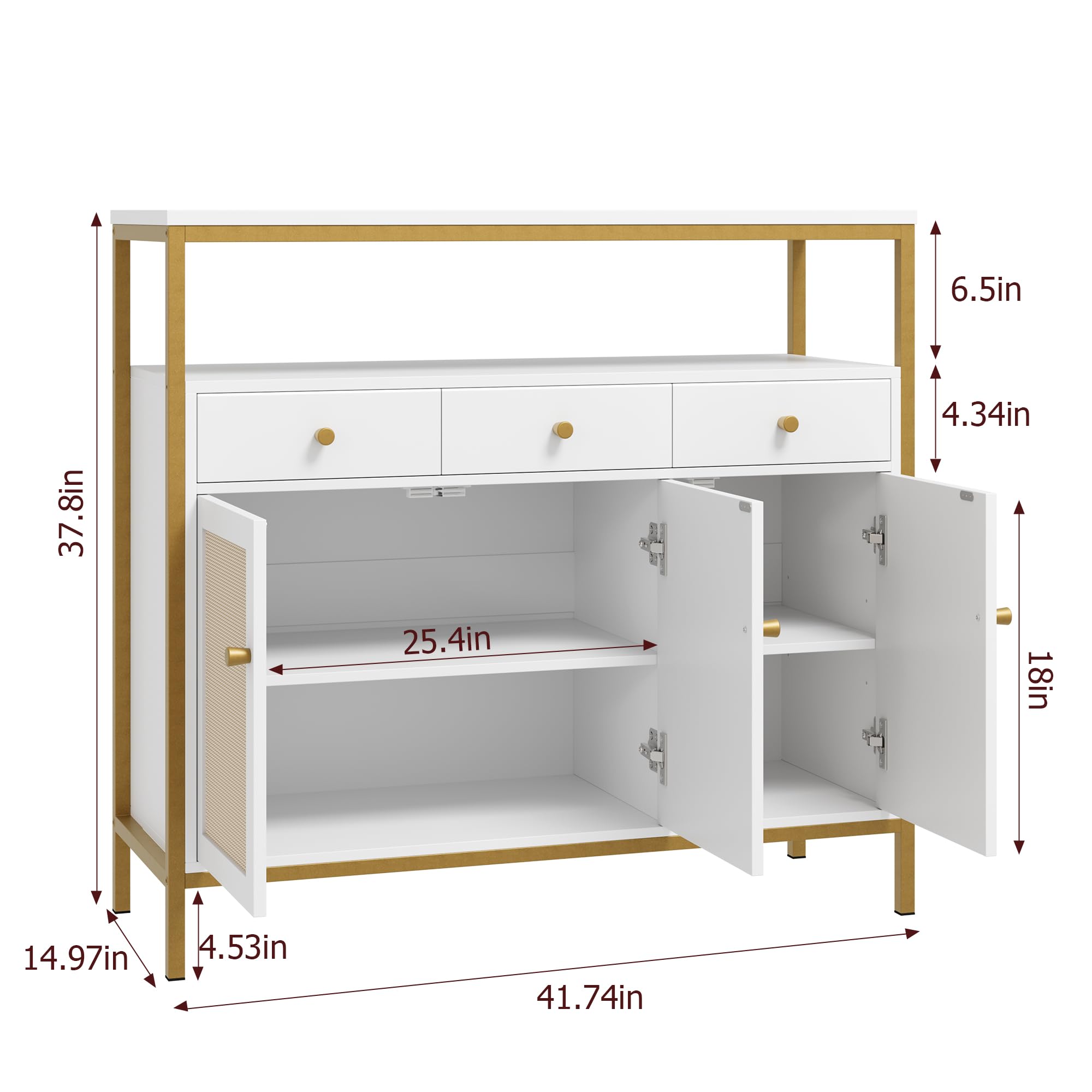 Buffet Cabinet with Storage, Kitchen Cabinet with Rattan Doors and Drawers,