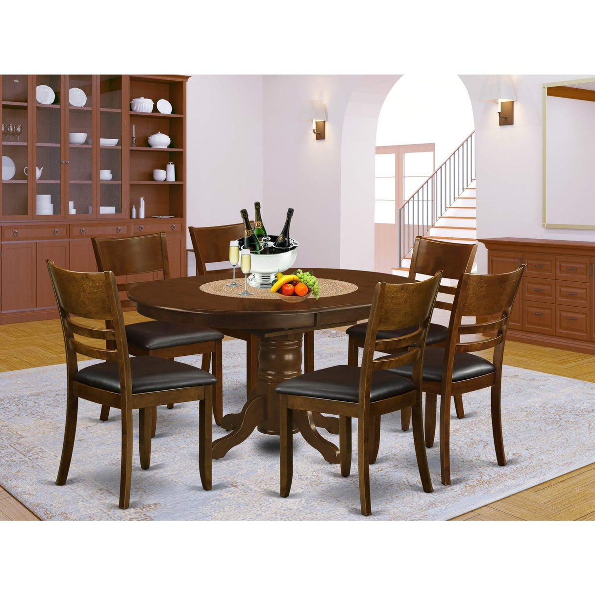 KELY7-ESP-LC 7 Piece Kitchen Table & Chairs Set Consist of an Oval Dining Table with Butterfly Leaf and 6 Faux Leather Dining Room Chairs,