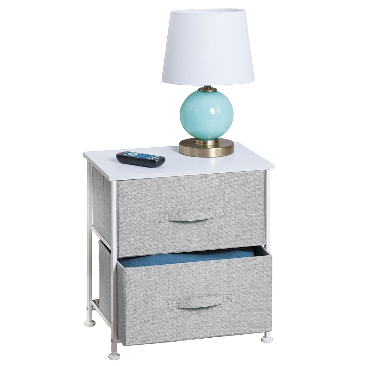 Small Storage Dresser End/Side Table Night Stand with 2 Removable Fabric Drawers - Organizer for Bedroom, Living Room, Closet - Hold Clothes, Linens, Accessories, Lido Collection, Gray/White