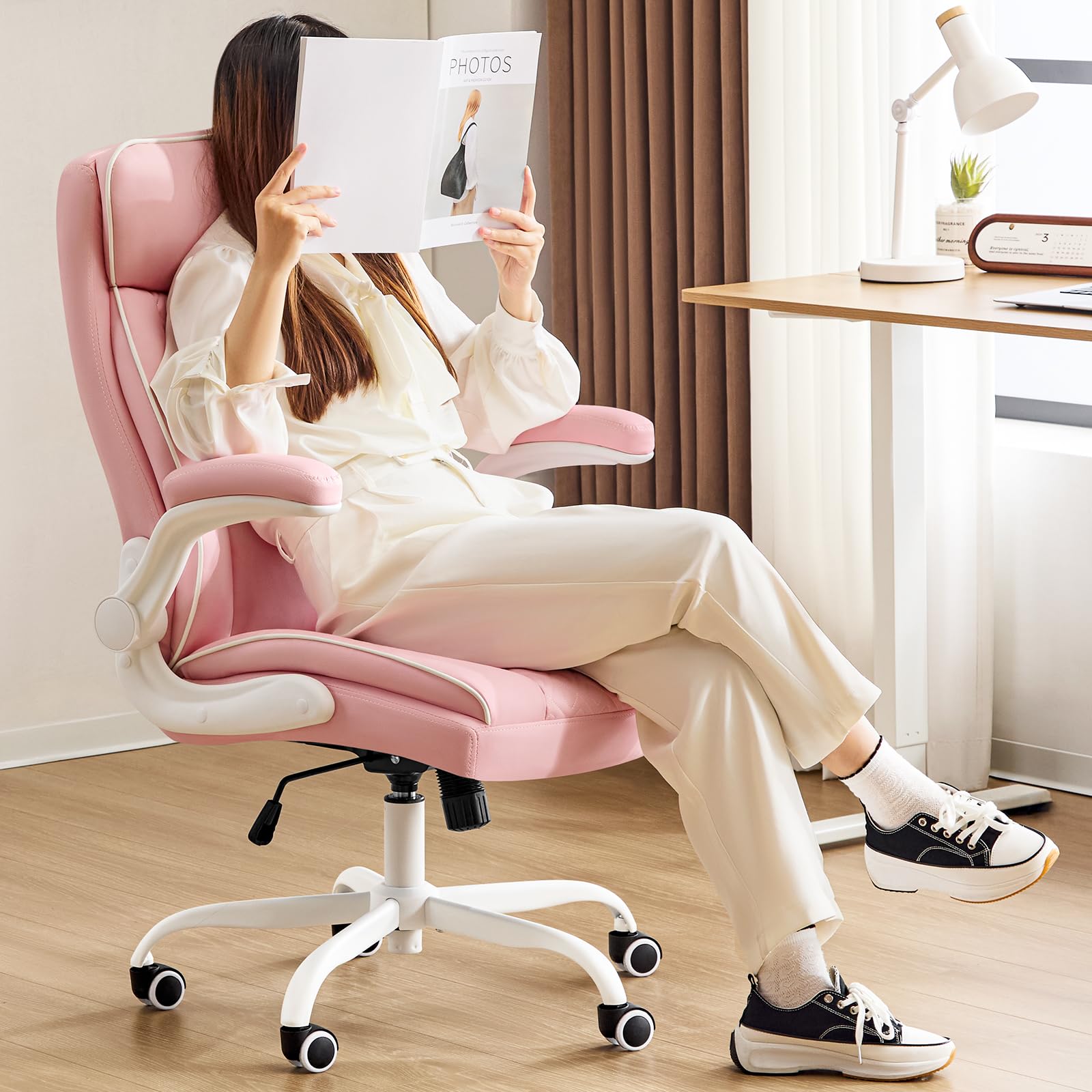 Pink Leather Office Chair with Lumbar Support & Flip-Up Armrests