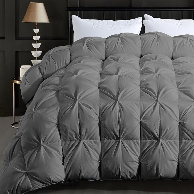 QUEEN® Feather Comforter King Size Duvet Insert, Luxury Fluffy White Pinch Pleat Design - All Season Hotel Collection Cotton Bed Comforter with 8 Tabs, King 106x90 Inches