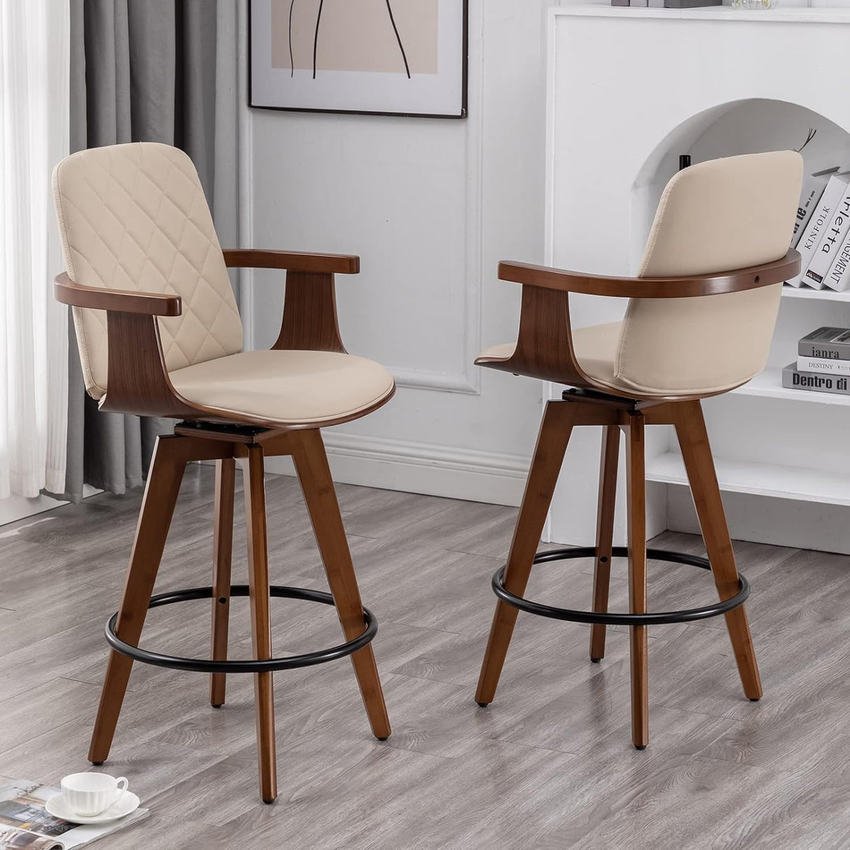 Bar Stools Set of 2, Upholstered Faux Leather Counter Height Bar Stools