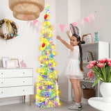 5FT Pop Up Christmas Tinsel Tree with Lights & Eggs,Artificial Easter Tree,Pop-Up Collapsible Pencil Easter Trees,Pre-lit Pencil Christmas Tree Xmas Tree for Indoor Outdoor Christmas Decorations