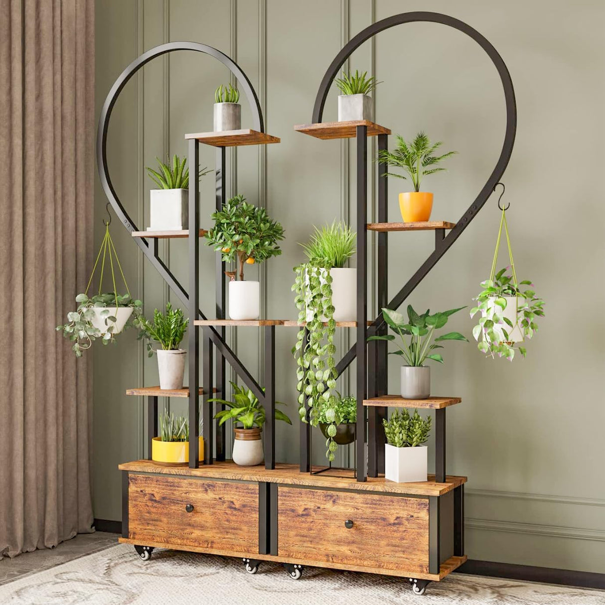 5-Tiered Tall Plant Stand Indoor, Heart-shaped Metal Plant Stand with Wheels