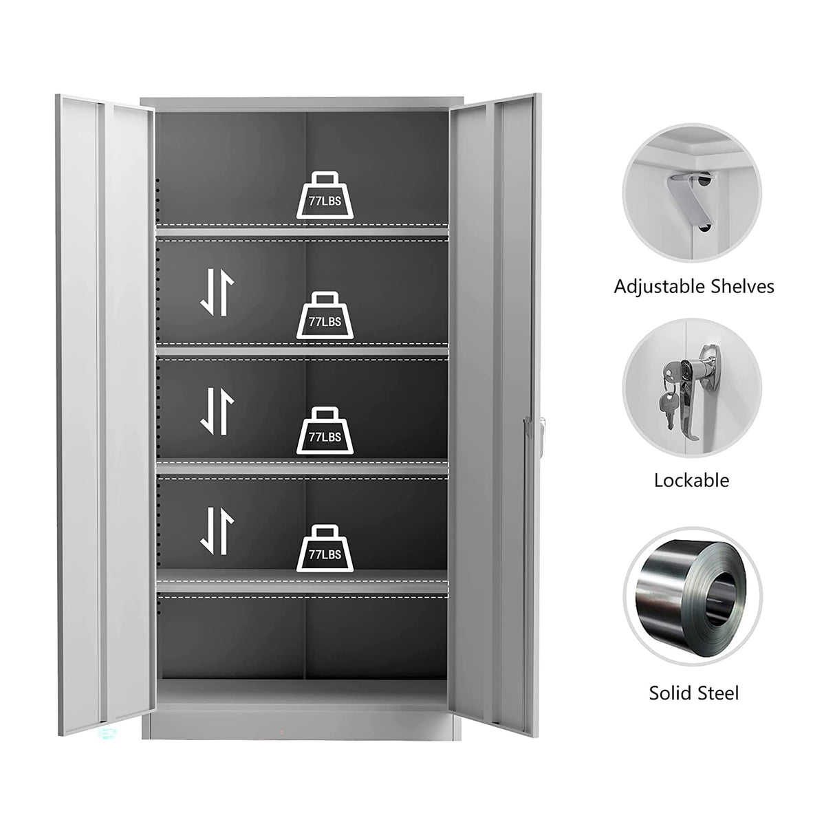 72 Inch Tall 2 Door Locking Metal Storage Cabinet Organizer with 4 Adjustable Shelves