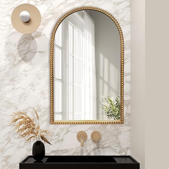 Vintage Gold Arch Floor Mirror 20"x53" - Full Length Wall Mirror with Beaded Metal Frame
