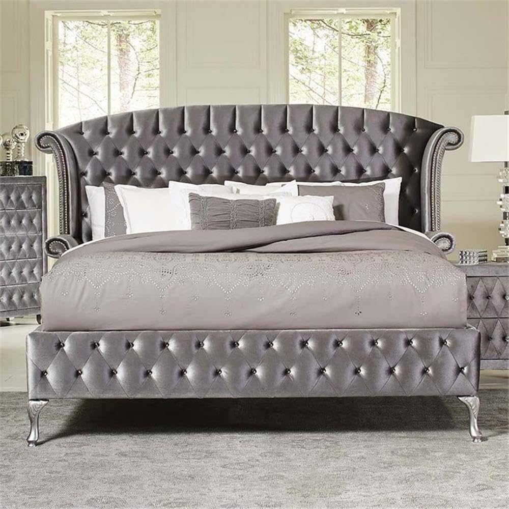 4 Piece Velvet King Wingback Bedroom Set in Gray