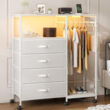 Fabric Dresser with Clothes Rack, 4 Drawers Dresser for Bedroom with Charging Station and LED Lights