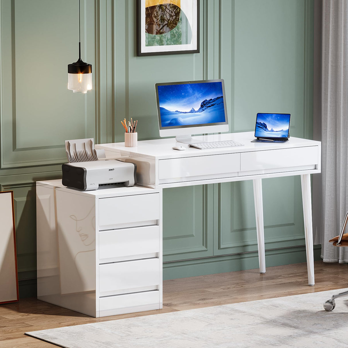 White Desk with 5 Drawers, Modern Home Office Desk with Storage Drawers and Printer