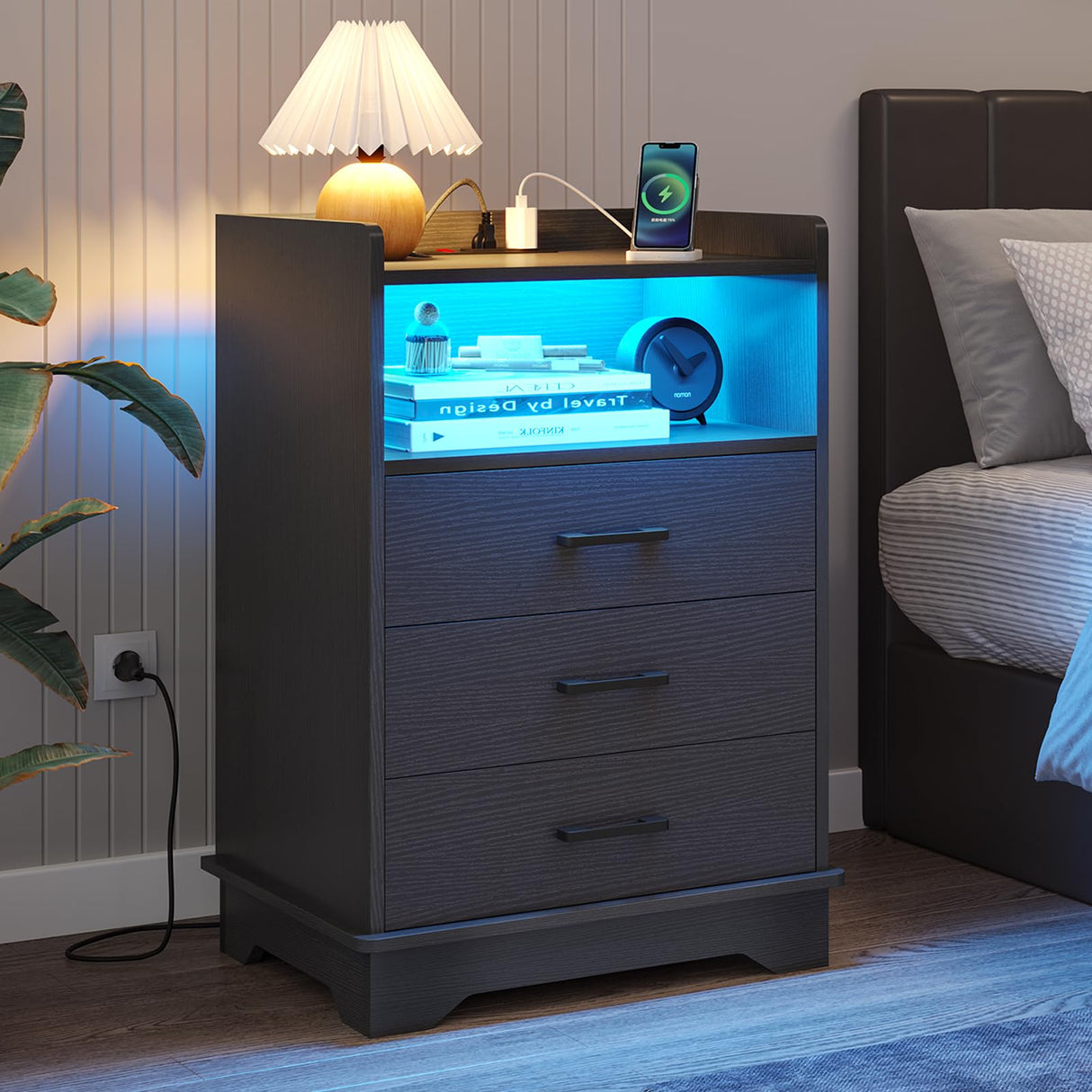 Nightstand with Charging Station and LED Lights, Modern End Table with 3 Drawers