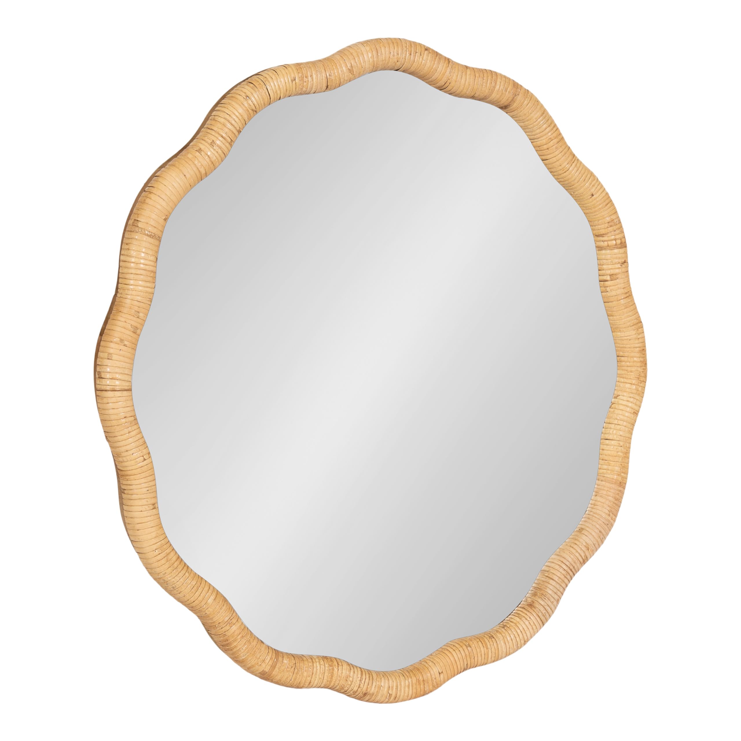 Rahfy Boho Scalloped Round Rattan Mirror, 26 Inch Diameter, Natural Wood